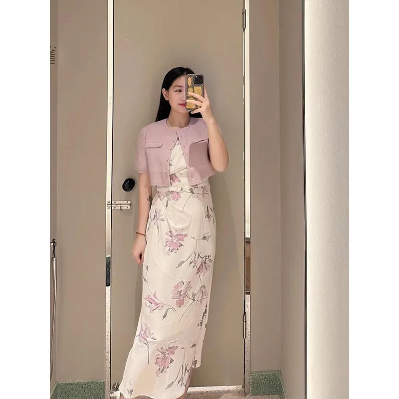 

2025 spring Japanese elegance temperament sweet crew neck knitted cardigan top women