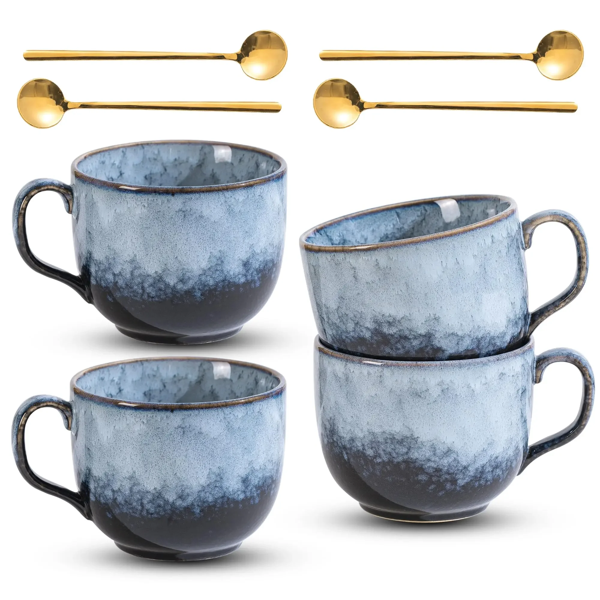 4pcs Ceramic Coffee Mug Set With Gold Coffee Spoon 15 oz Cappuccino Cup Creative Japanese Yogurt Oat Breakfast Cup for Americano