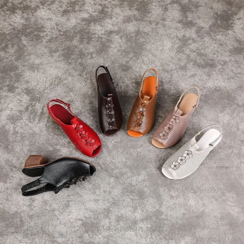 Genuine Leather Women's Hollow Out Peep Toe Slingback Sandals Floral Breathable Buckle Strap Casual Summer Footwear for Ladies