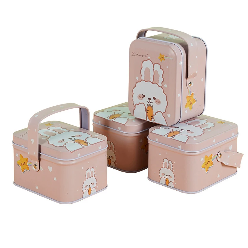 Cartoon Bunny Print Tin Box Square Storage Box For Snacks Candy Packing Portable Storage Can Tin Box Wedding Gifts