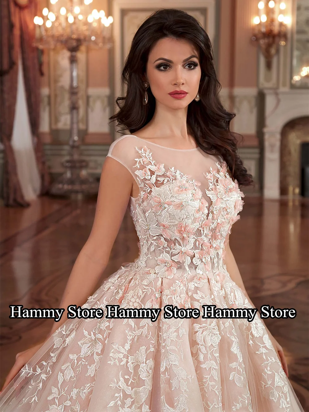 Traditional Wedding Dress Brush Pink Bride Dresses Cap Sleeve 3D Flower Applique Scoop Neck Court Train Bridal Gown Gelinlik