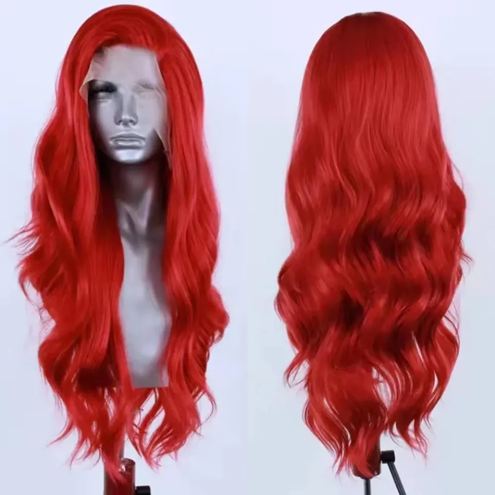 

13x4 Red Lace Front Wig Long Body Wave Synthetic Hair Glueless Natural Hairline Daily Wear Cosplay Wigs for Women Party 30 Inch