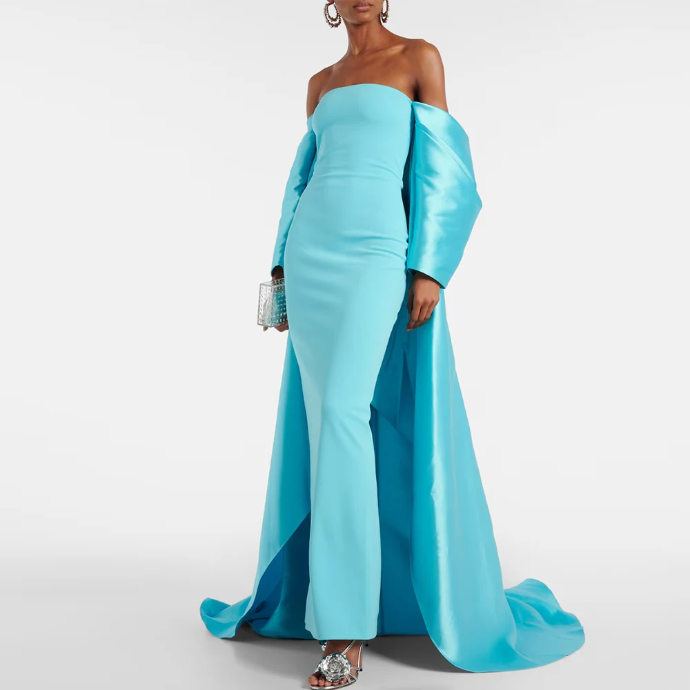 

Sky Blue Modern Women's Evening Dresses Satin&Jersey Sheath/Column Party Gown Off-the-shoulder Watteau Train Prom Dress Midi