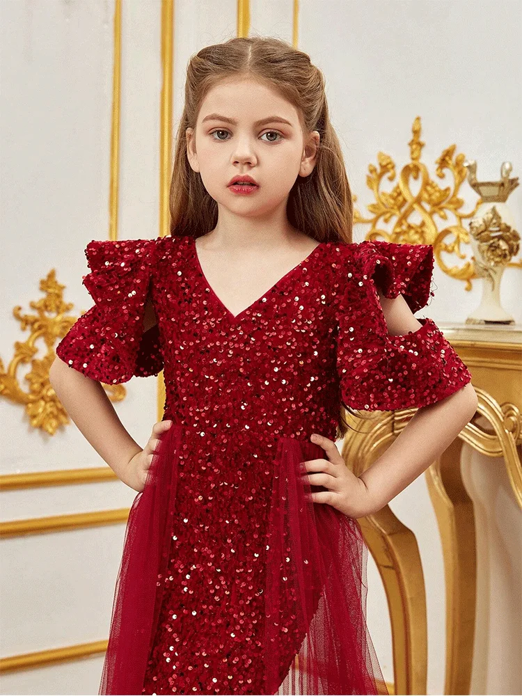 Girls V-Neck Velvet Floor-Length Performance Christmas Birthday Evening Dress Short-Sleeved Shiny Performance Evening Dress