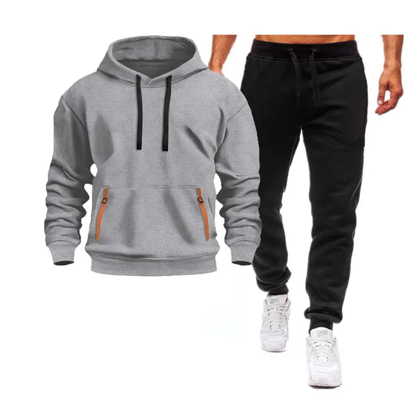 Autumn and winter men's hoodie two-piece set hooded sweatshirt zipper multi pocket pullover men's sports and leisure set