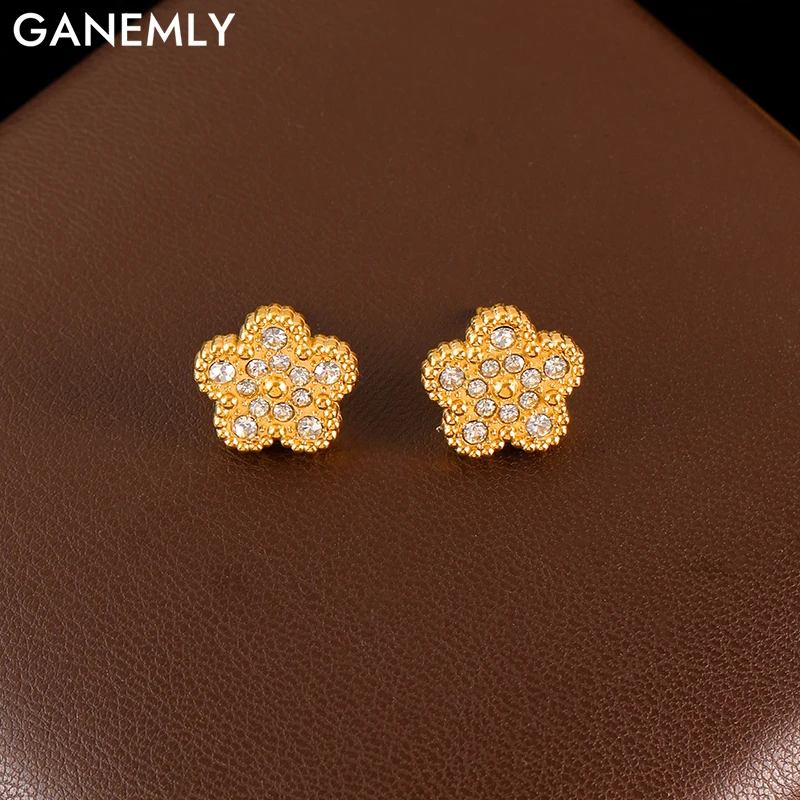 

GANEMLY 316L Stainless Steel White Zircon Petal Flower Stud Earrings For Women Girl Fashion Ear Needle Waterproof Jewelry Gift