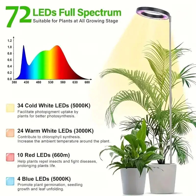 1 pc Height Adjustable LED Grow Light Plant Growing Lamp Full Spectrum with 3 Timer for Indoor Large Plants