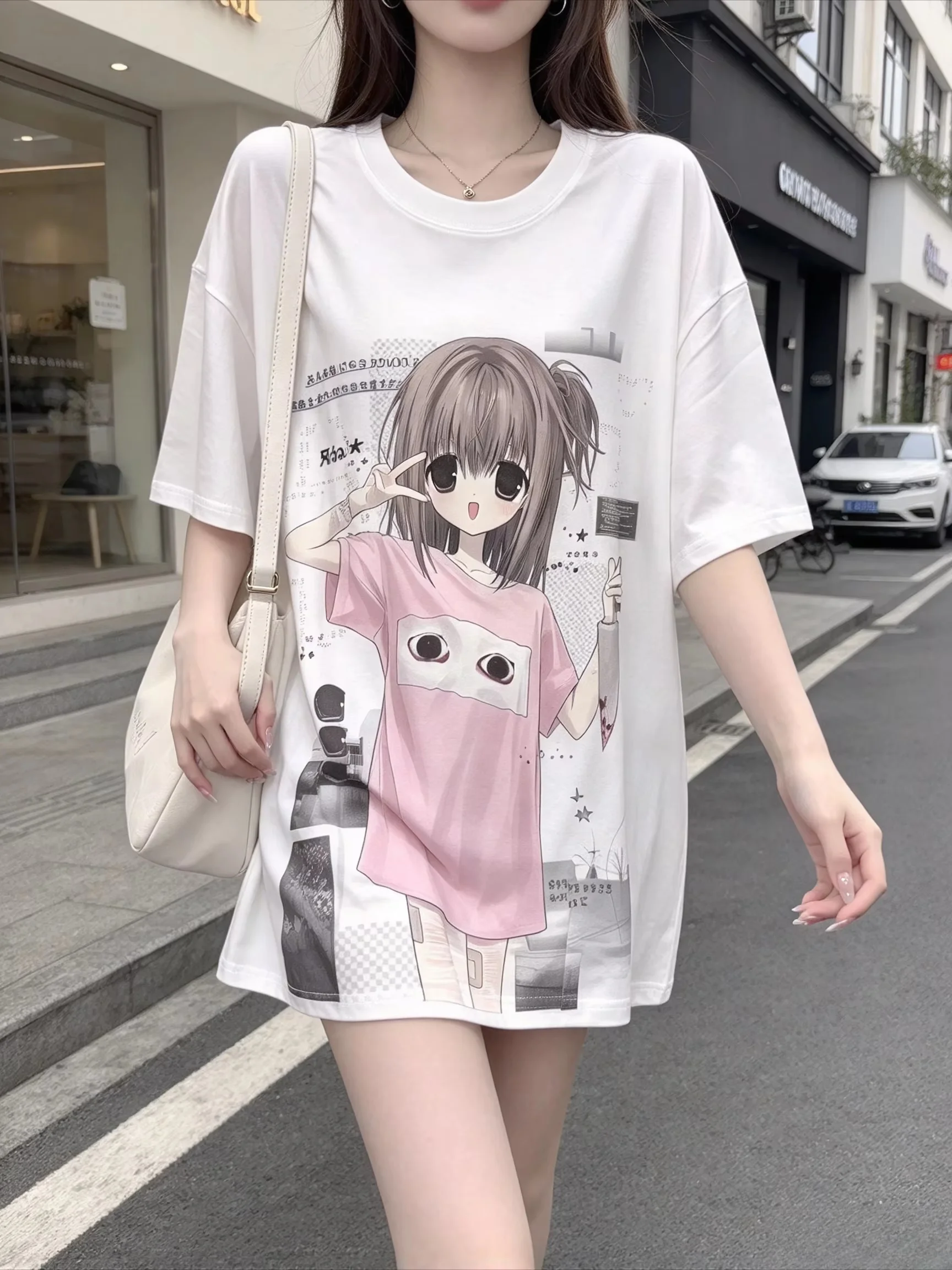 Y2K Cute Japanese Harajuku Atmosphere Girl Printed Large T-shirt Loose Casual Round Neck Short Sleeve Street Style Top