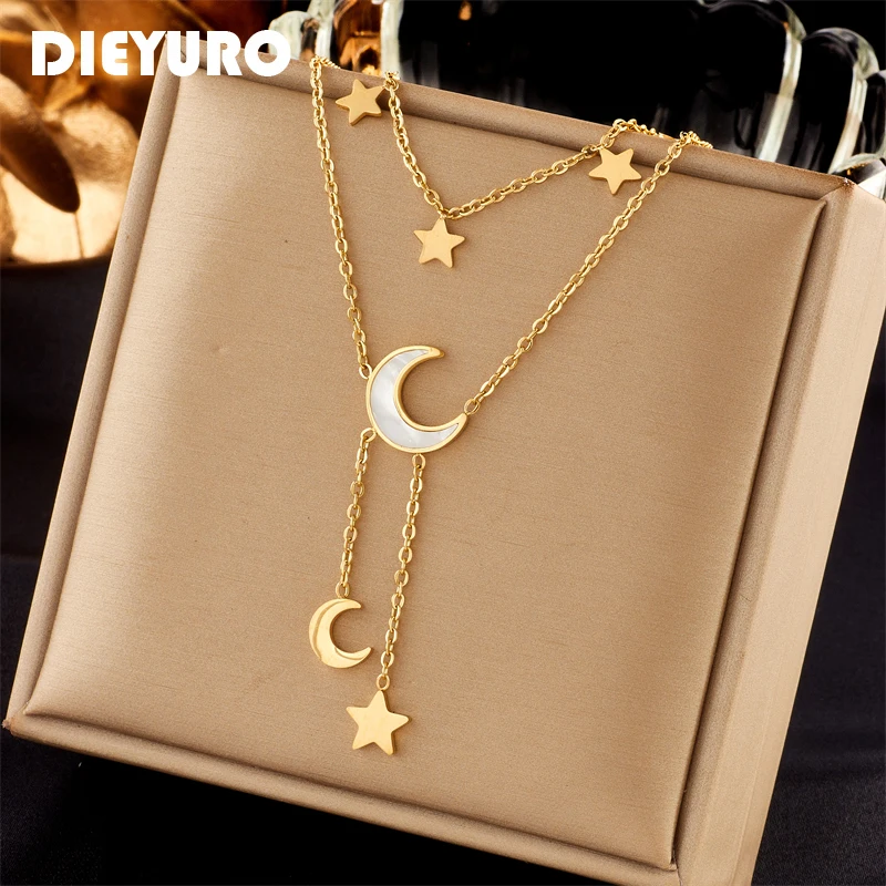 Dieyuro 316l Edelstahl Stern Mond lange Anhänger Halskette für Frauen neue Mode Mädchen mehr schicht ige Schlüsselbein Kette Schmuck Geschenke