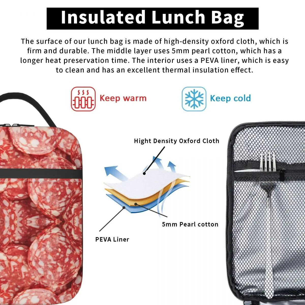 Sausage Slices Pattern Thermal Insulated Lunch Bag Women Portable Lunch Container for Kid School Children Multifunction Food Box