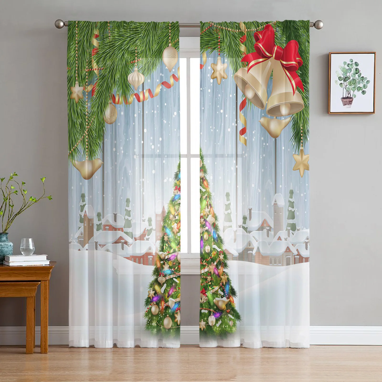 Bells Christmas Tree Snow Village Sheer Curtains Home Window Decorations Voile Tulle Curtains For Living Room Bedroom Kitchen