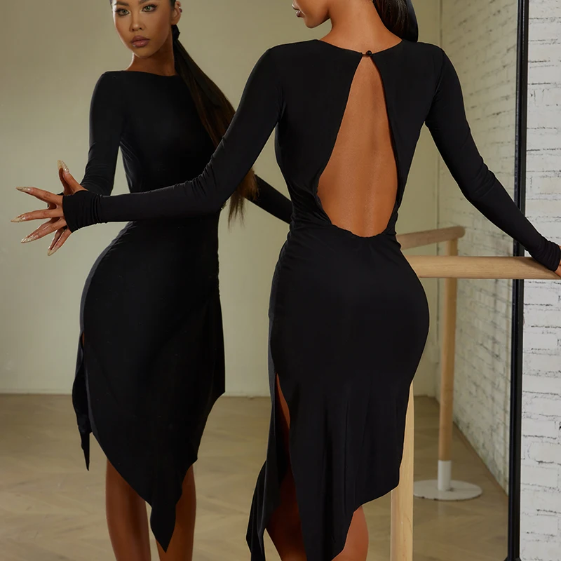 ZYM Latin Dance Dress Women Black Long Sleeves Dress Adult Tango Dance Clothes Rumba Ballroom Dance Dress Practice Wear DNV19062