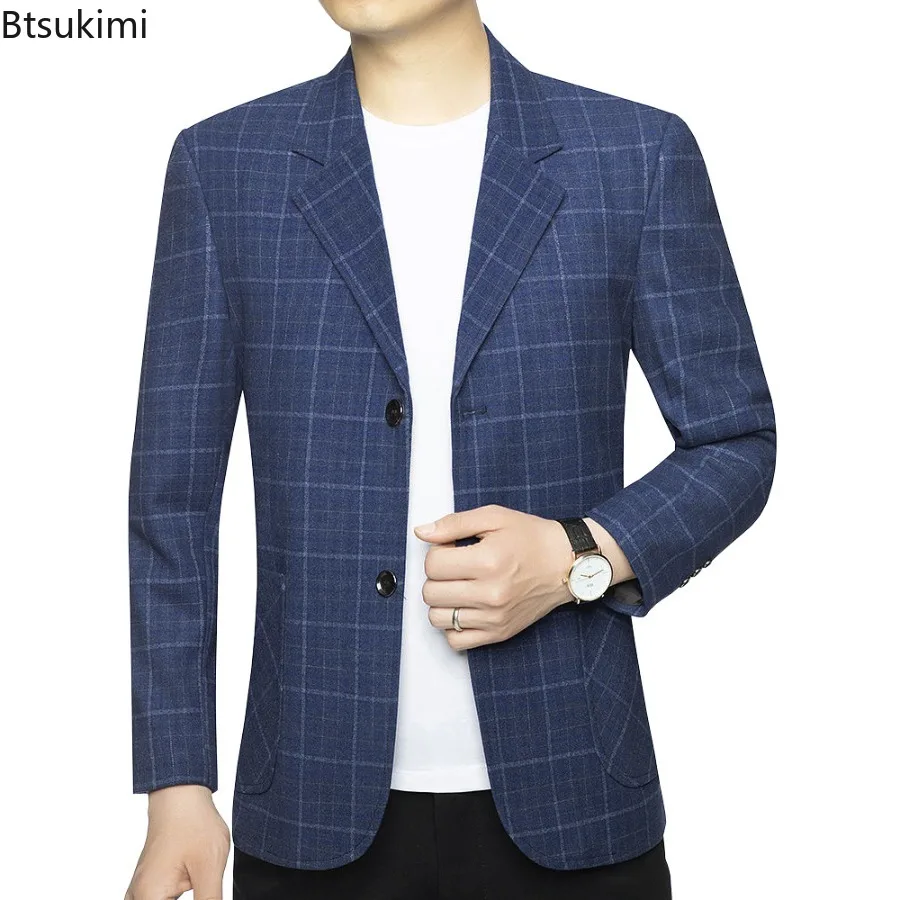 

2025 Spring and Autumn Men's Blue Plaid Thin Blazers Jackets Business Casual Suits Coats Slim Fit Formal Wear Blazers Coats Male