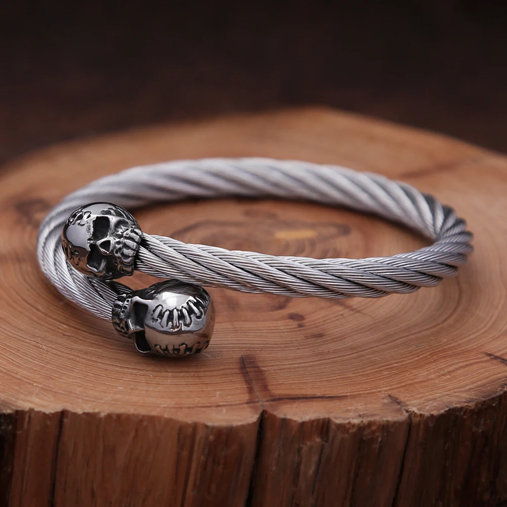 Punk Vintage 316L Stainless Steel Skull Head Bracelet For Men Fashion Biker Twist Rope Bracelets Party Amulet Jewelry Wholesale
