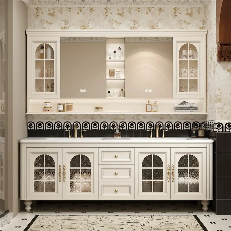 Factory Direct 2026 American medieval style double basin bathroom cabinet combination floor-to-ceiling French retro washbasin to
