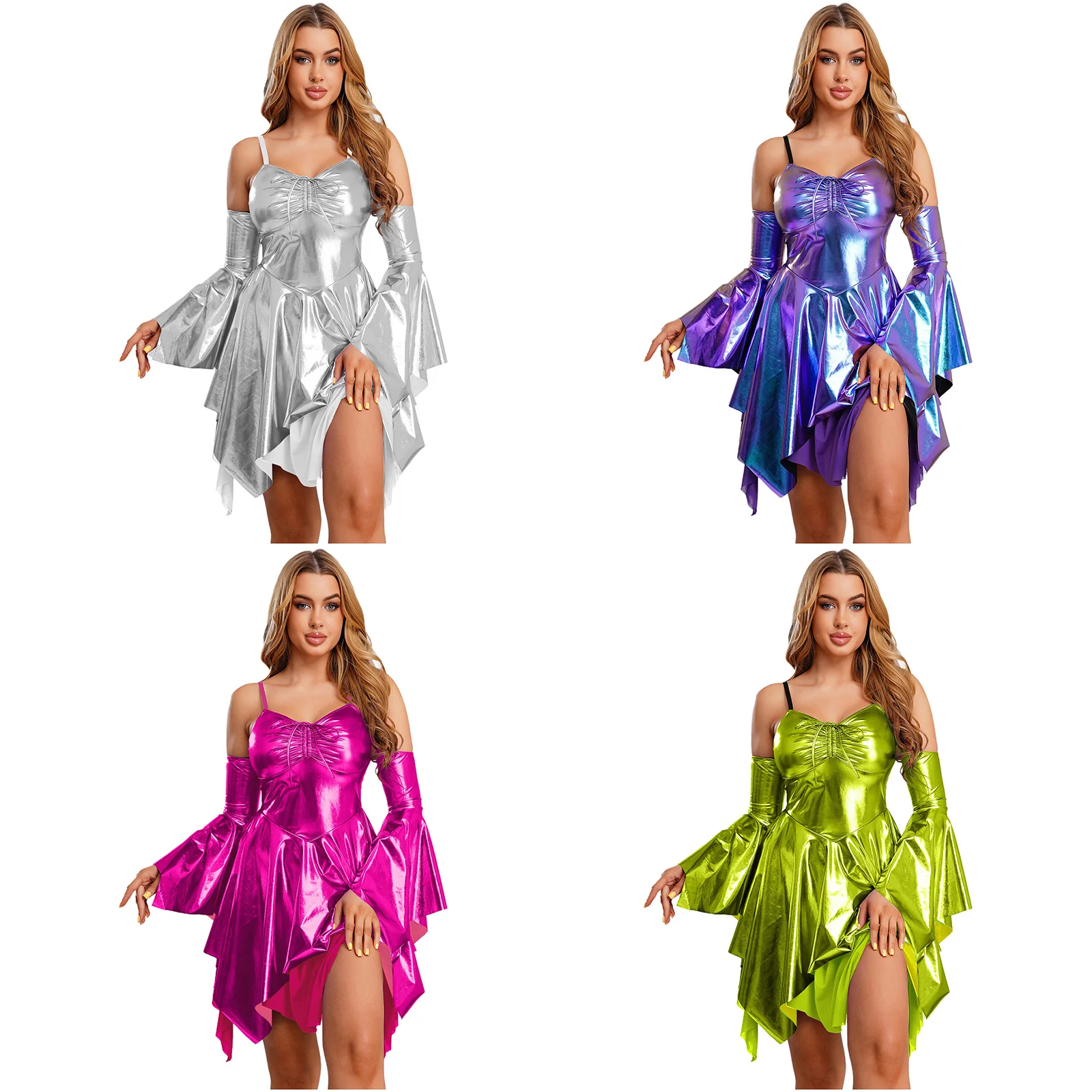 فستان كاميس نسائي معدني بكتف بارد وأكمام طويلة مع أصفاد واسعة فستان على شكل حرف a للحفلات والنوادي الليلية ملابس ذات مظهر عالي #5