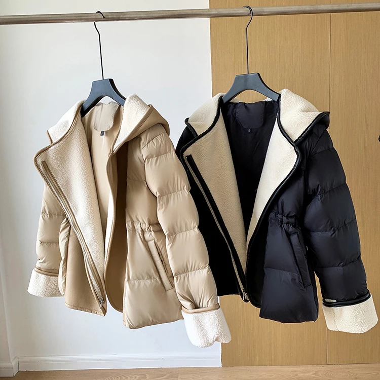 Schinteon Women Lambswool White Duck Down Jacket with Hood Autumn Winter Warm Outwear Casual Patchwork Coat European Style