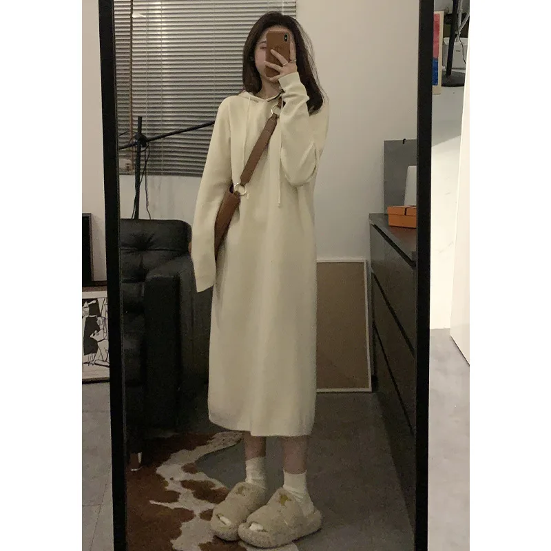 2024 Autumn Hooded Sweatshirt Knitted Dress for Women, Loose and Slimming Long Woolen Dress