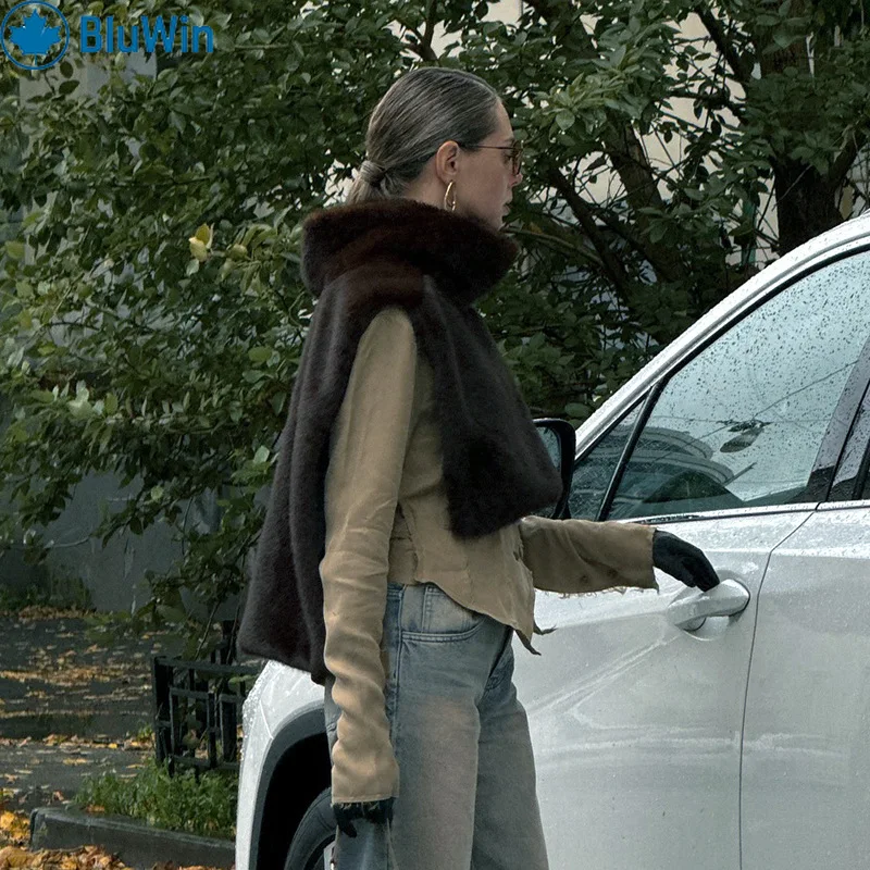 URBANCHIC 3色展開 2025 ファッションフェイクセーブルファー クロップベスト 秋冬 タートルネック フェイクファー ファータンクトップ ノースリーブジャケット コート