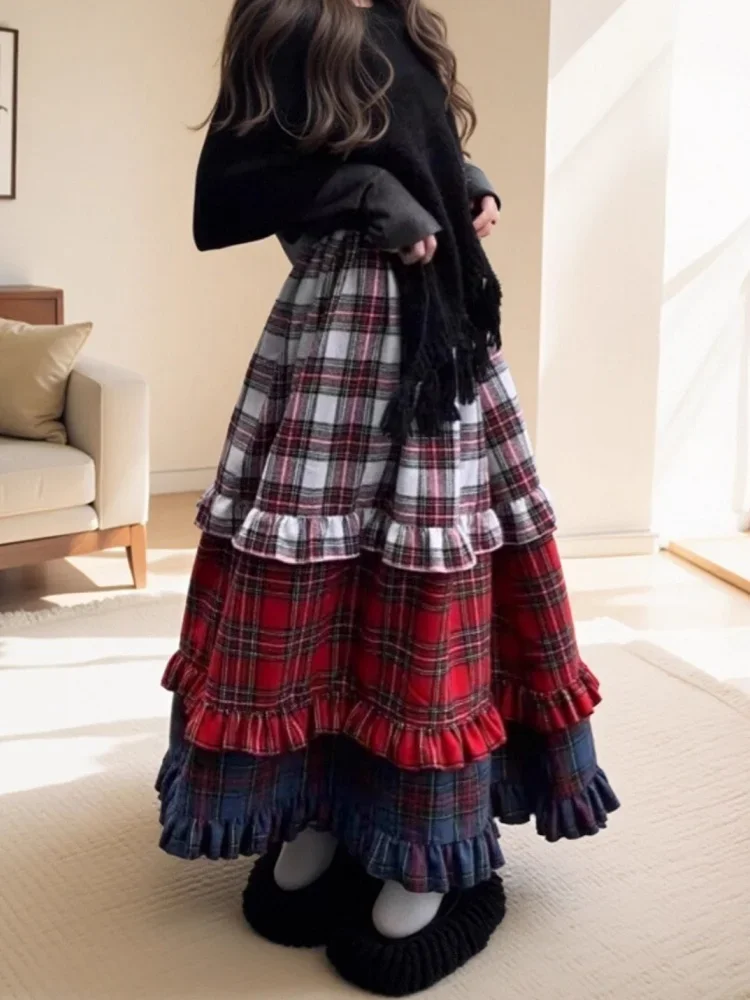 Vintage Plaid Boho Style Long Skirt Ruffles Patchwork Full Pleated Skirts E-girl New 2025 Spring Streetwear Y2K Skirts Women