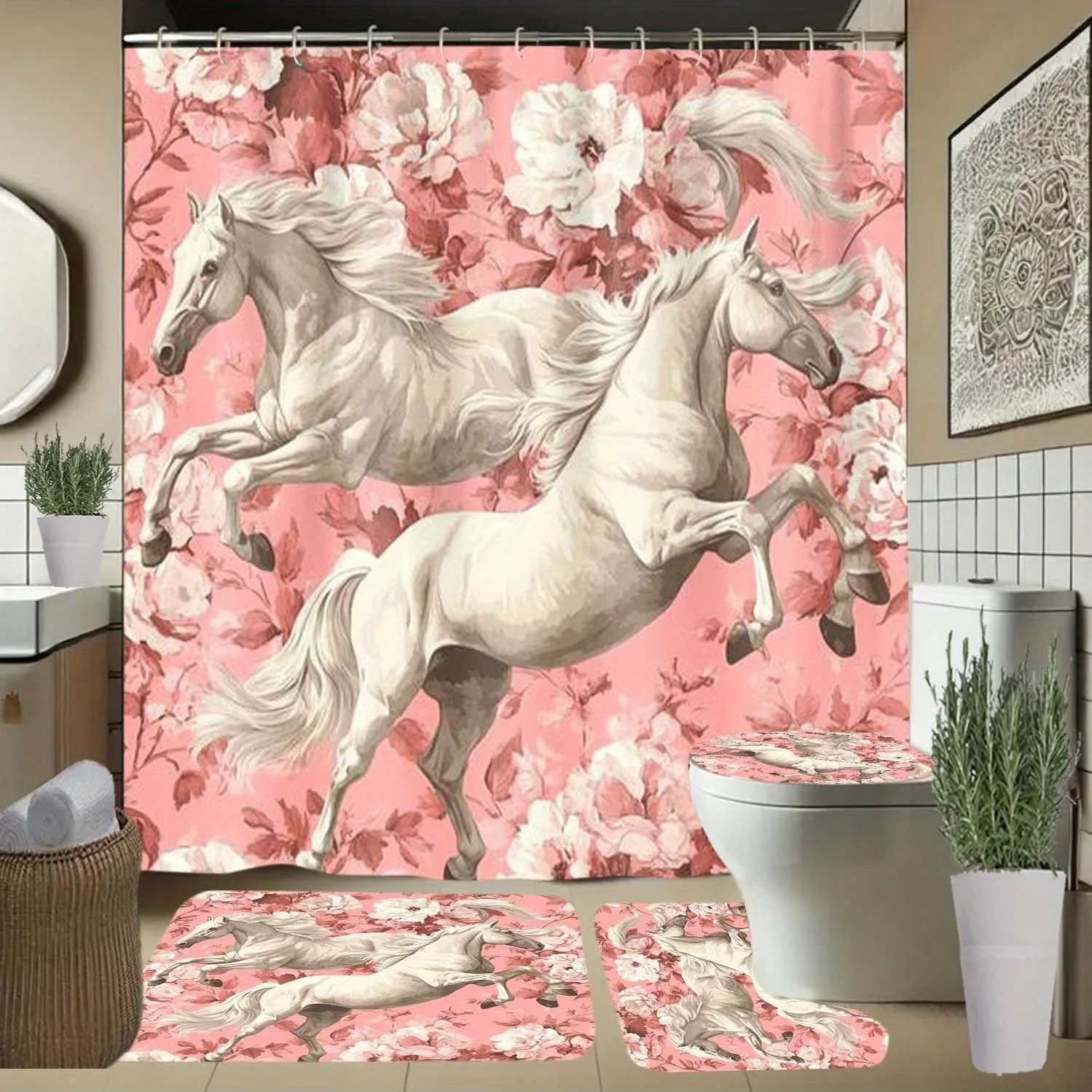 

White Horse, Pink Floral Pattern Shower Curtain with Hooks, Bathroom Partition Curtain, Bathroom Accessories, All-Season Elegant