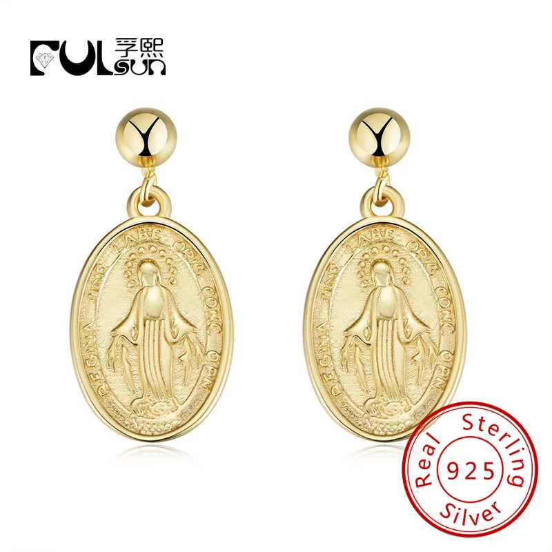 

Fulsun 925 Sterling Silver Vintage Gold Color Magical Medal Virgin Mary Oval Shaped Earrings