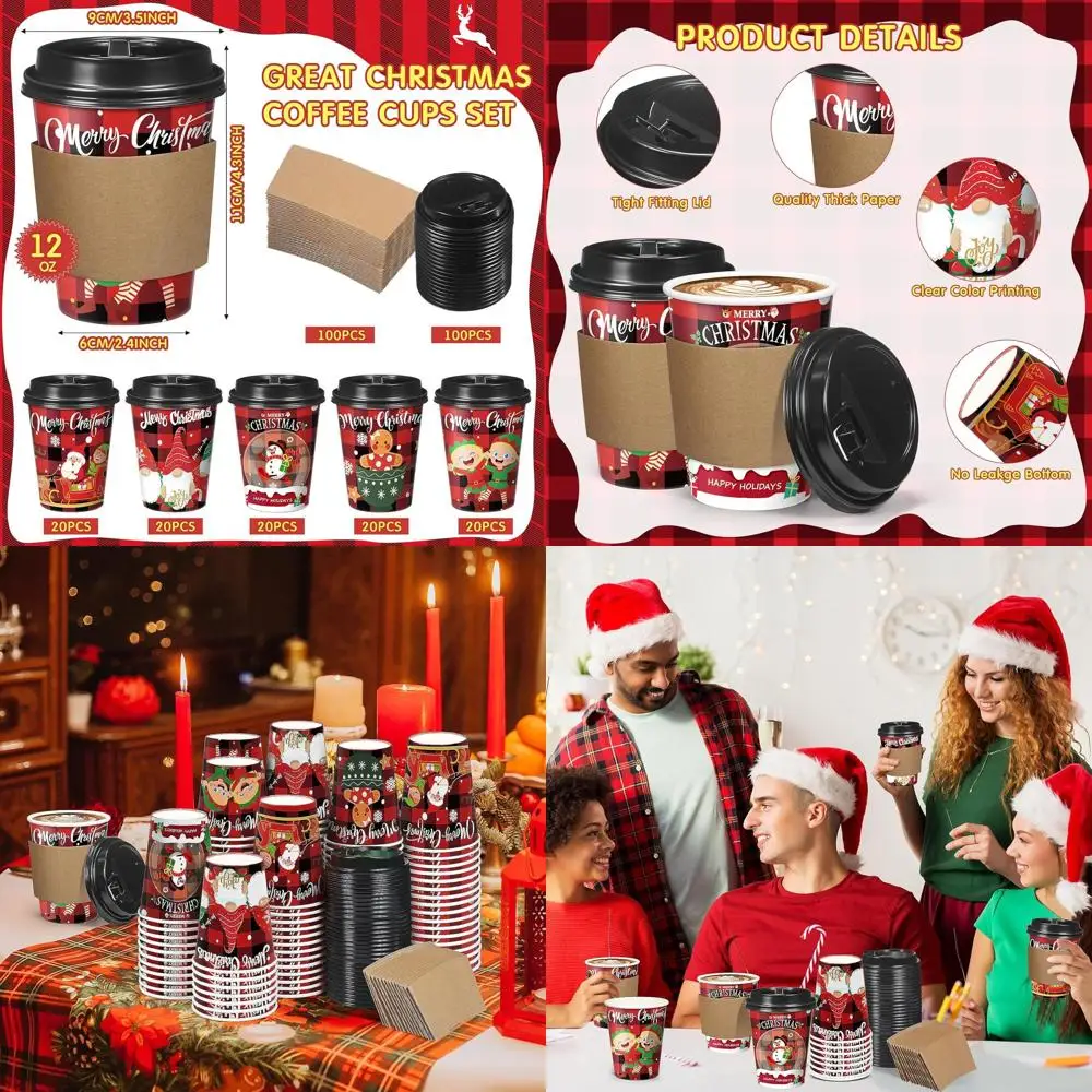 

100 Set Christmas Paper Coffee Cups with Sleeves Lids 12 Oz Xmas Disposable Party Cup Red Green Christmas Tree Hot Cocoa Cups fo