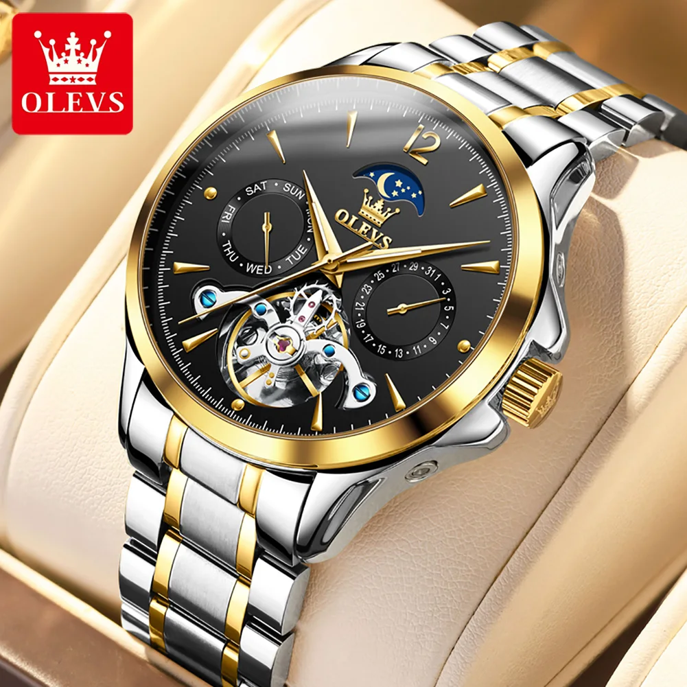 OLEVS 6663 Automatic Mechanical Watch for Man Moon phase Waterproof Flywheel Design Stainless steel Wristwatch Men Luxury Brand