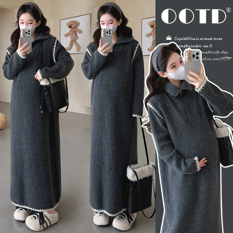 Maternity Dress 2026 Winter Soft Comfortable Loose Simple Lazy Style Warm Lapel Straight Tube Long Dress For Pregnant Women