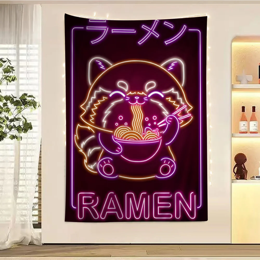 Neon Japanese Food Ramen Sushi Cat Colorful Tapestry Wall Hanging Bohemian Wall Tapestries Mandala Wall Art Decor