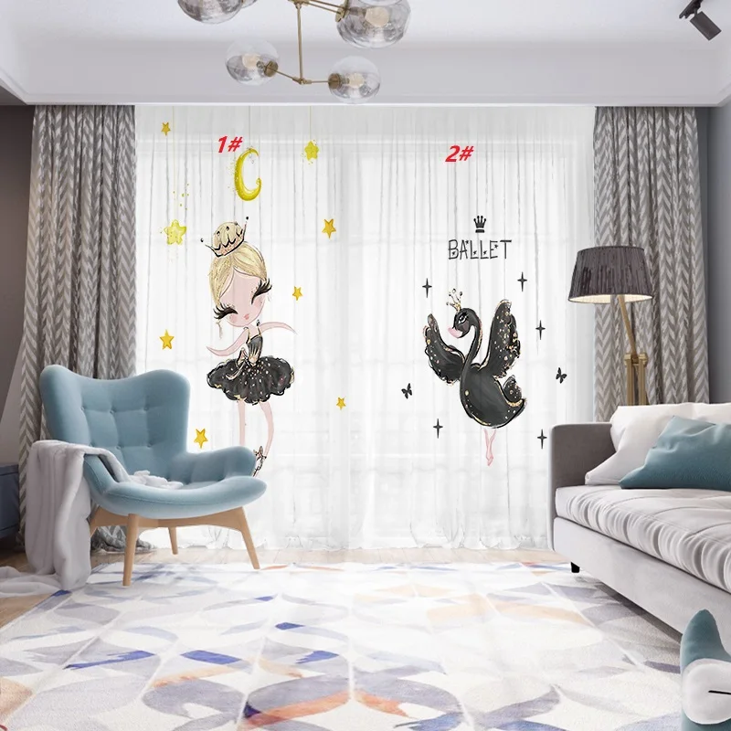 

2022 Fashion Ballet Girl Dancer 3D Digital Printed Curtains for Kid's Bedroom Piano Note Black Swan Voile Curtain for Music Room