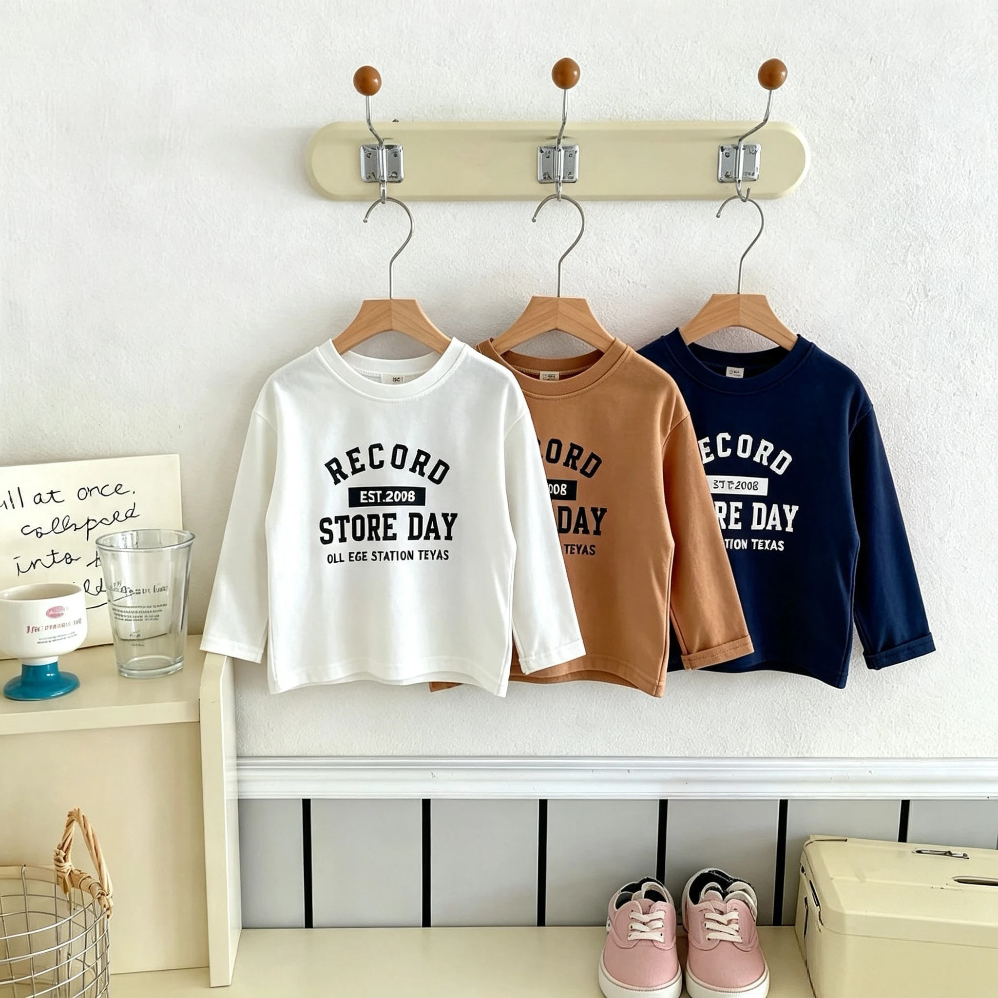 Solid Color Letters Printed Long Sleeve Tshirts Tops Children's Clothes Autumn Simple Versatile Casual Kids Bottoming Shirt