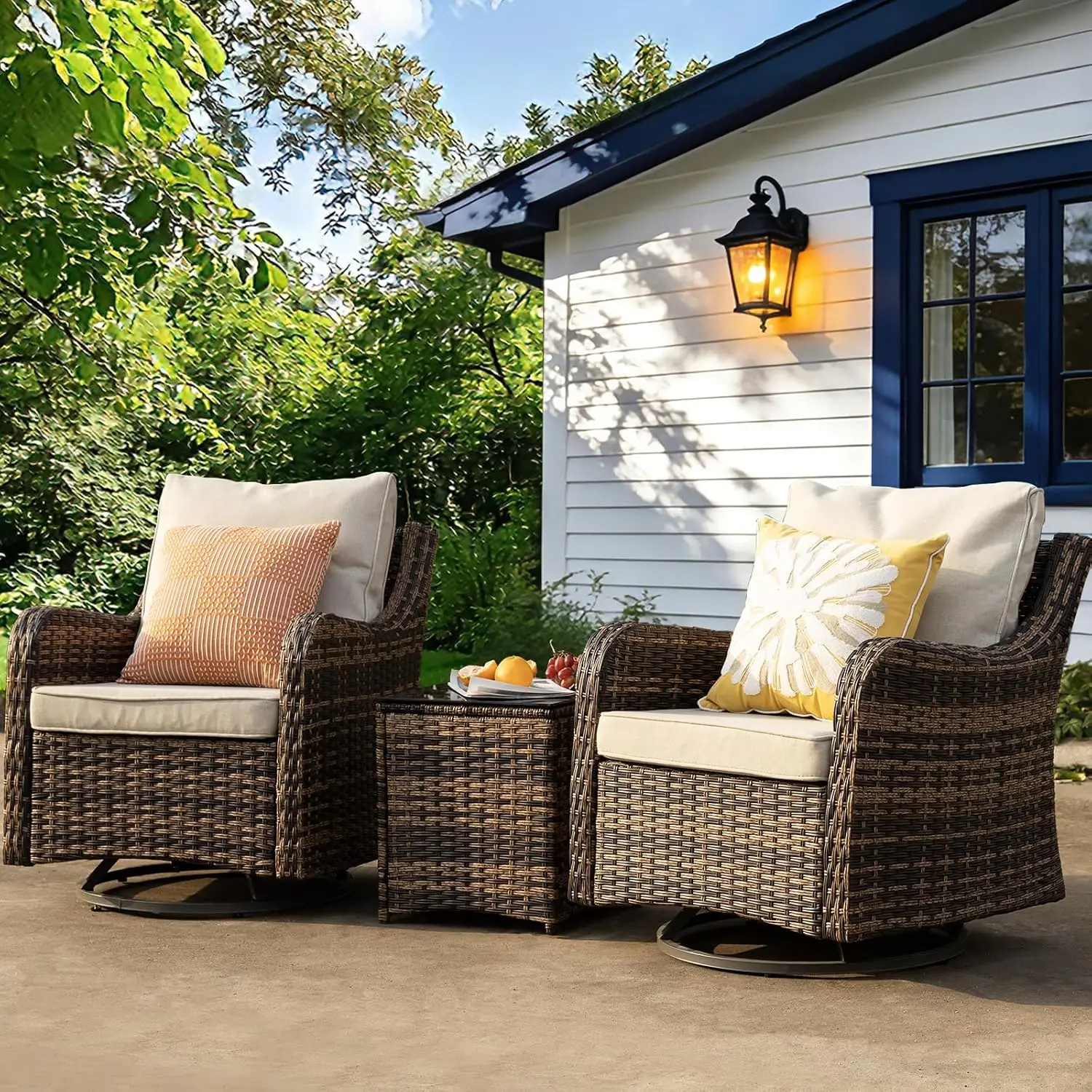 3-Piece Patio Swivel Rocker Set with Cushions & Glass Table, Outdoor Rattan Furniture for Lawn Backyard Porch, Customized