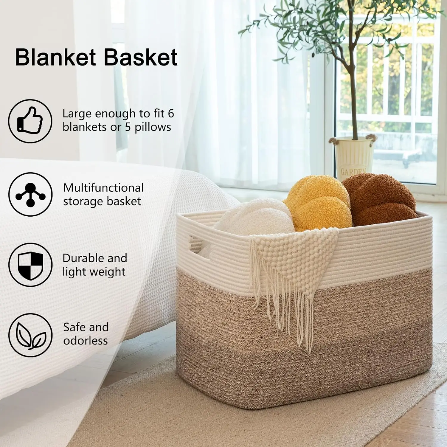 Large 108-Liter Rectangular Storage Basket, 25x16x16 Inches, Woven Cotton Rope Basket for Home Living Room