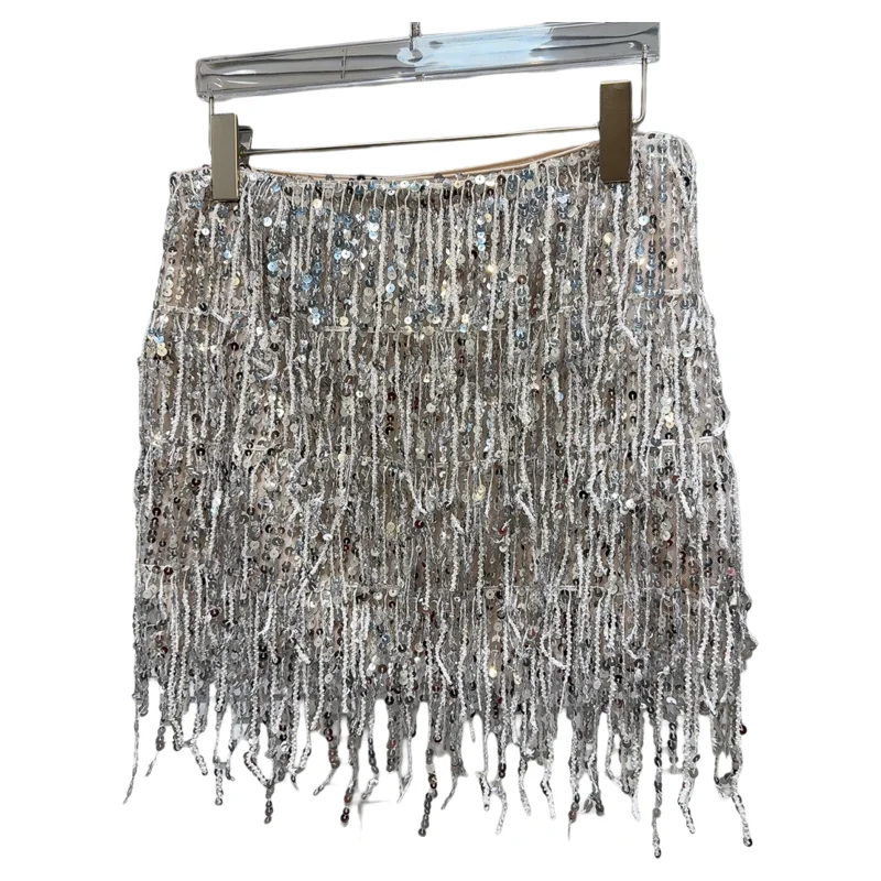 Saia Curta com Design de Franjas Brilhantes,  Saia Fena, Estilo Novo de Primavera, Saia de Lantejoulas Prateadas para...