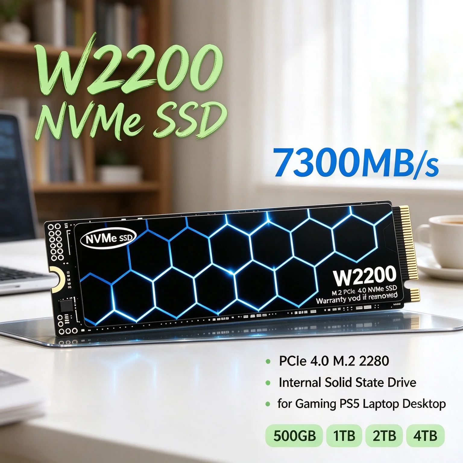 4TB W2200 NVMe SSD 7300MB/s PCIe 4.0 M.2 2280 Launch Games in Seconds Internal Drive Desktop Laptop High Speed Storage