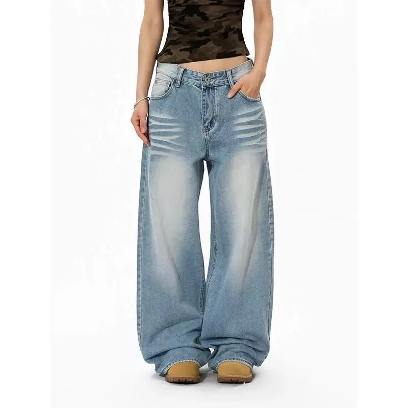 Vintage American style cross rivet plus size women loose straight leg wide leg pants Y2k casual ripped pants - Image 3