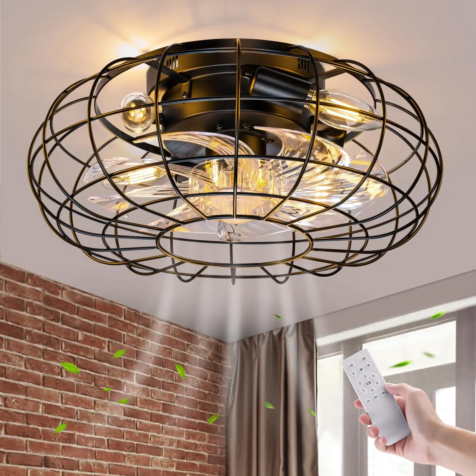 Ceiling Fan with Lights 16 Inch Caged Remote Control Small Industrial Fixture Flush Mount Farmhouse 6 Speeds Bladeless Lights Be