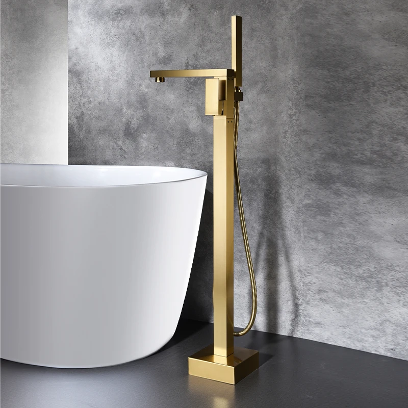 Light Luxury Gold Hotel Floor to Floor Bathtub Faucet All Copper Mesh Red Cold and Hot Vertical Tank Edge Household