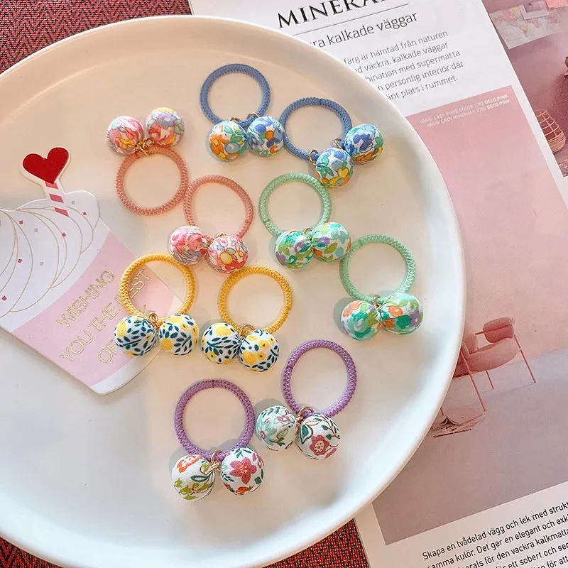 10 pçs bonito houndstooth floral bola pingente meninas adorável elástico corda de cabelo acessórios para o cabelo crianças laços de cabelo headwear