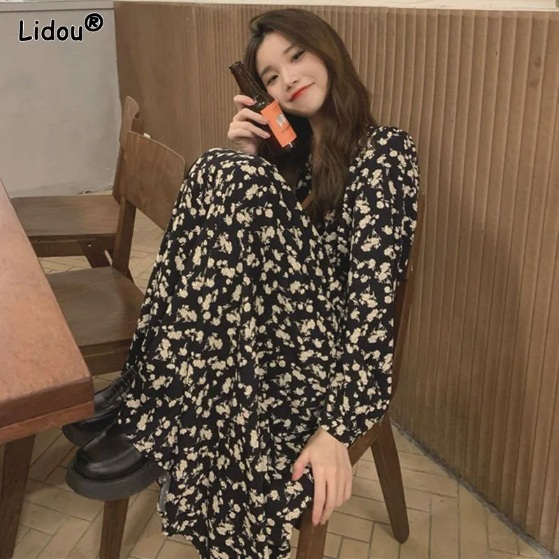 

French Coffee Break V-Neck Mid-calf Dresses Chiffon Floral Mori Girl Style Lace-up Print Women's Clothing Spring Summer Pullover