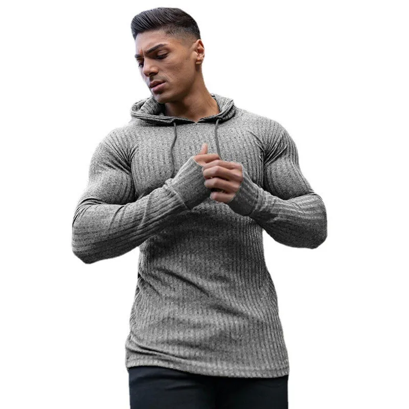 

Тонкий спортивный вязаный мужской трикотаж с капюшоном для бега, облегающий пуловер для тренажерного зала, бодибилдинга, фитнеса, осенне-зимняя рубашка