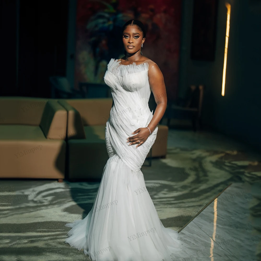 

Pleat Mermaid Wedding Dresses Luxury 2025 Tulle Flowers Pearls O-Neck Sleeveless Bridal Gowns African Sweep Train Customized