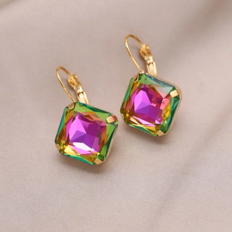 مجوهرات الأزياء الكورية الجديدة 14K مطلية بالذهب الفاخرة وامض مربع اللون كريستال أقراط أنيقة إكسسوارات الحفلات النسائية #3