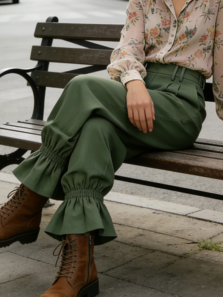 Beautyblue – pantalon taille haute décontracté pour femmes, jambes larges, avec poche, détail plissé, garniture à volants, couleur unie, bas vert