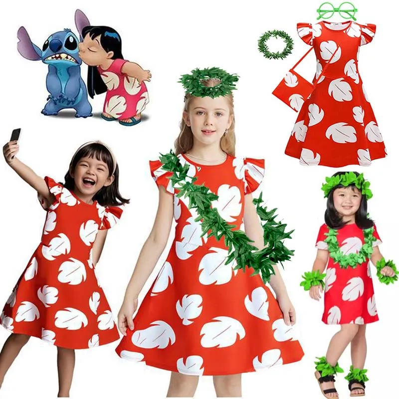 

Disney Stitch Cartoon Girls Dress Lilo Inspired Maple Leaf Printing Flying Sleeve Skirt Casual Wear & Halloween Cosplay