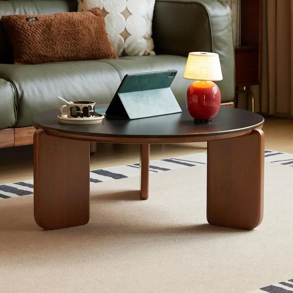 طاولة جانبية خشبية معاصرة مع سطح حجري متكلس، مناسبة لغرفة المعيشة أو غرفة النوم أو الشرفة (31.5 قطر × 13.8 ارتفاع #1