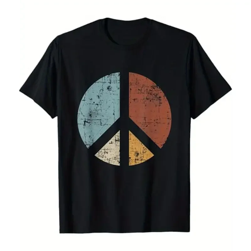 Men's Vintage Distressed Round Neck Shortsleeve Cotton Peace Sign Graphic Tshirt - Casual, Soft Comfy Relaxed Fit Breathable Top, Halloween Gift, S-XXXL Black Menswear