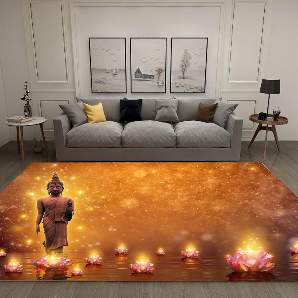 Lotus Rug Indian Buddha Statue Meditation Home Decor Living Room Rug Youth Literature Room Decor Large Rug Anti-Slip Mat