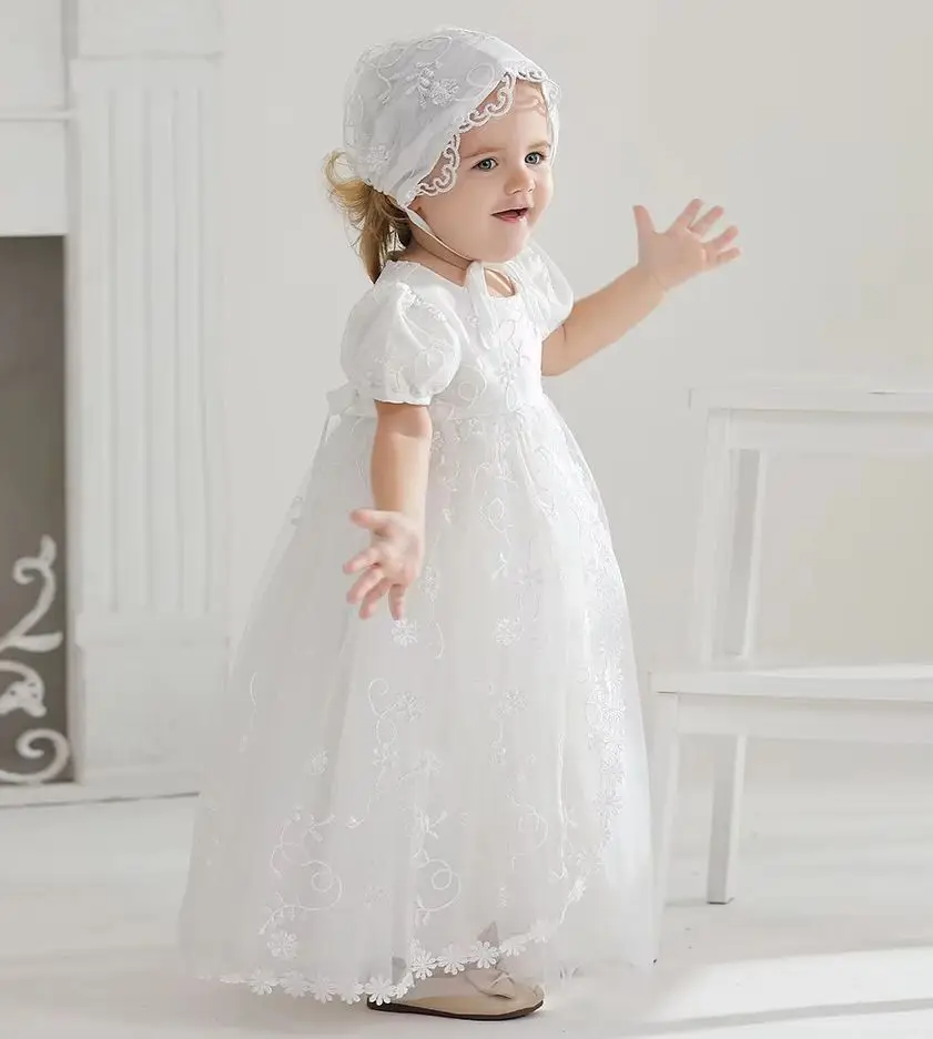 Baby Girl Baptism Dress for Birthday Infant Long Eleagant Dress Kid's White Clothes with Hat 0-24M